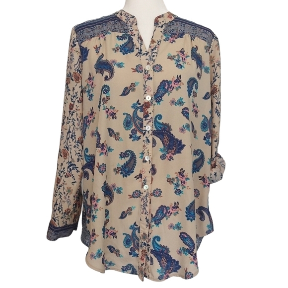 Fig & Flower Tan Blue Boho Floral Paisley Button-Up Blouse Roll Tab Sleeve - Picture 1 of 8